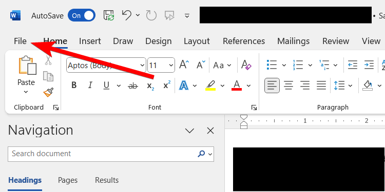 The "File" option in Microsoft Word.