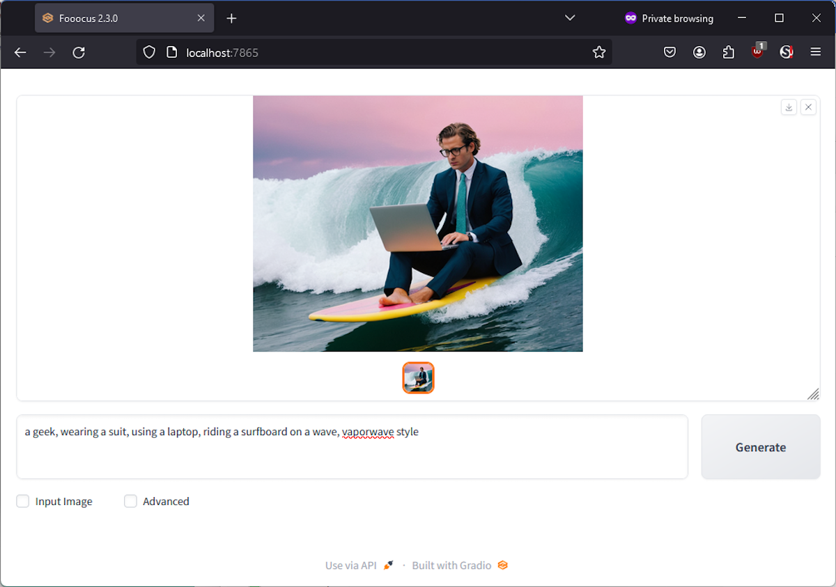 The result of a Fooocus Stable Diffusion image prompt, showing a generated man in a suit, riding a surfboard