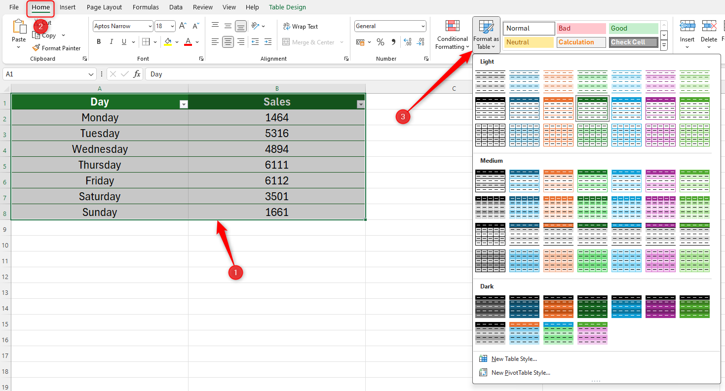 An Excel table with the Format As Table drop-down opened.