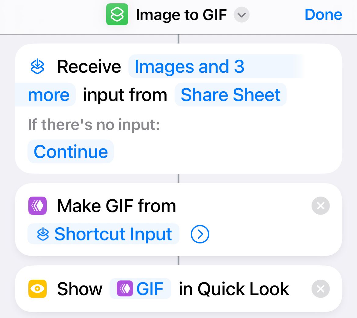 The workflow for creating a GIF in iPhone Shortcuts.