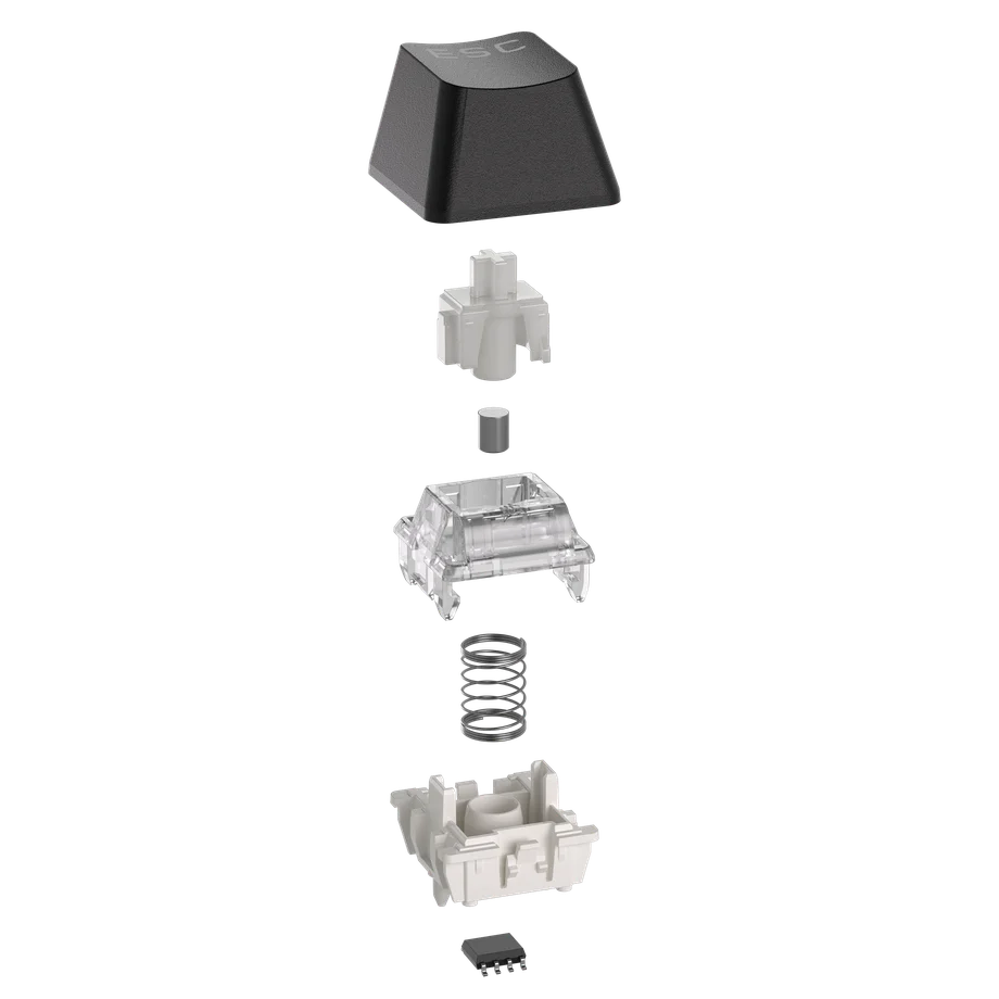 An exploded view of a Hall Effect keyboard switch assembly. 
