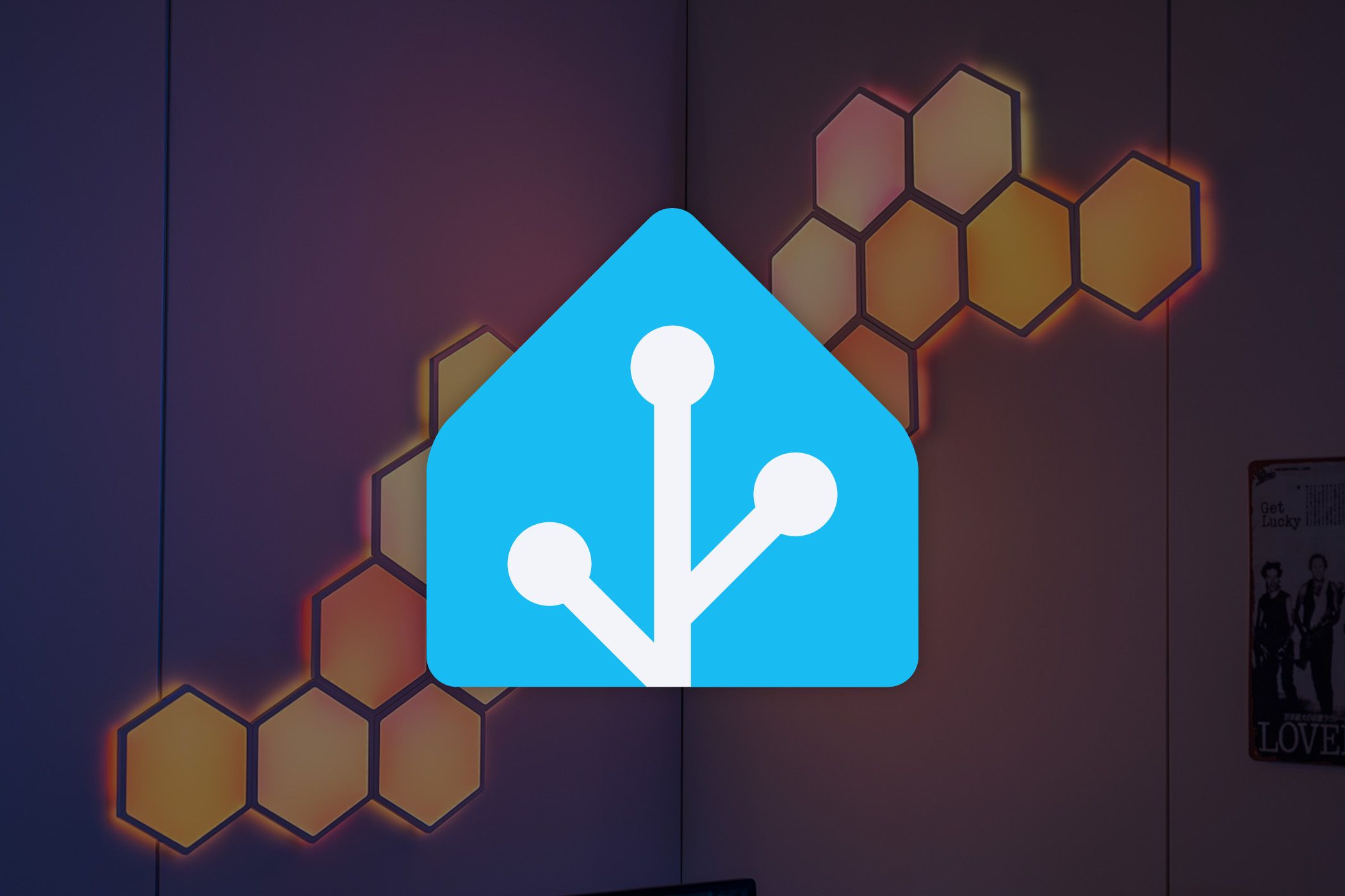 Home Assistant logo with smart lights in background.