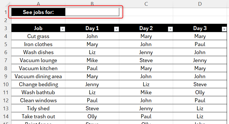 An Excel table containing several household jobs and the family members assigned to each across three days.