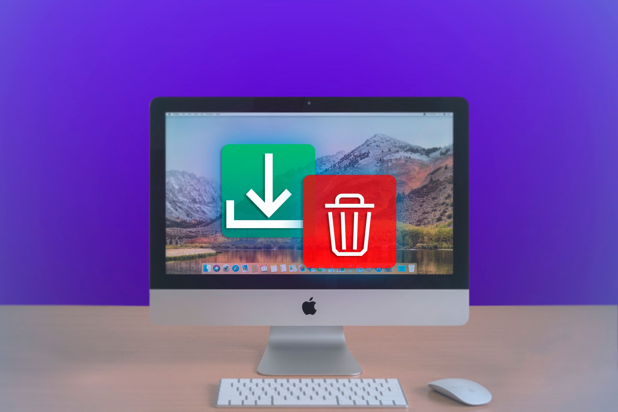 An iMac with a download icon on the left and a trash icon on the right.