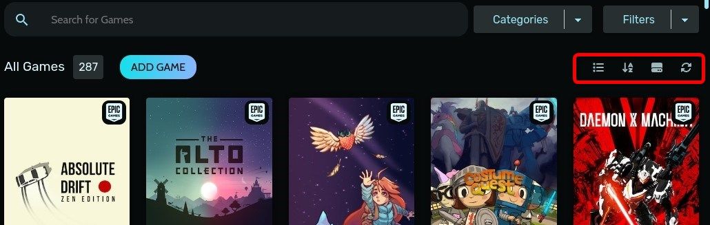 Heroic Games Launcher library sorting buttons.