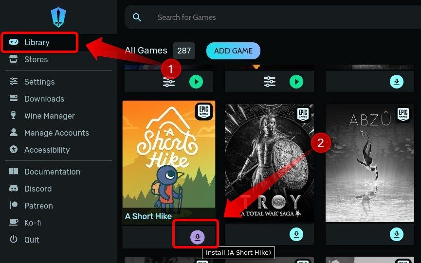 A Short Hike game icon in the library tab of the Heroic Games Launcher.