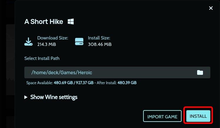 Installing a game in the Heroic Games Launcher.