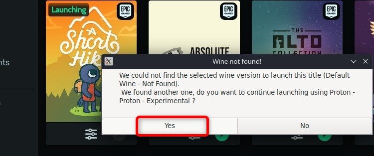 A warning showing while trying to run a game from the Heroic Games Launcher.