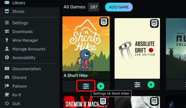 Clicking a game&rsquo;s options menu in the Heroic Games Launcher.