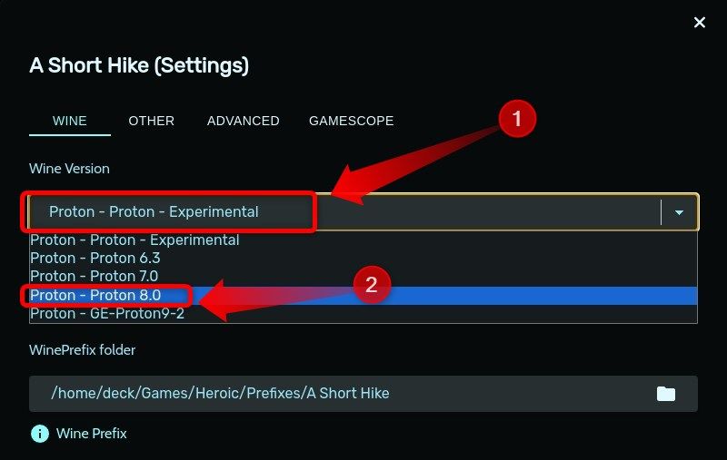 Proton dropdown menu of a game in the Heroic Games Launcher.