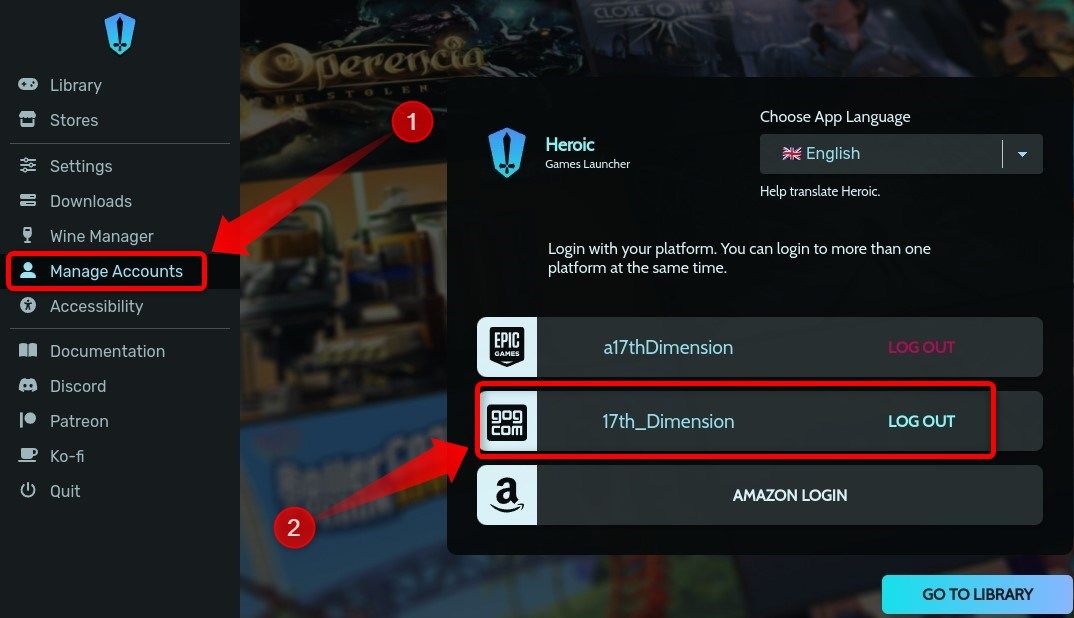 Manage Accounts tab in the Heroic Games Launcher.