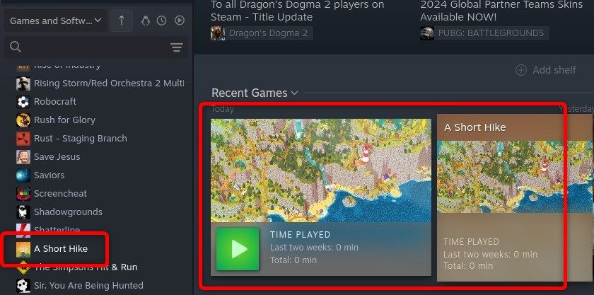 Showing A Short Hike in the Steam library.