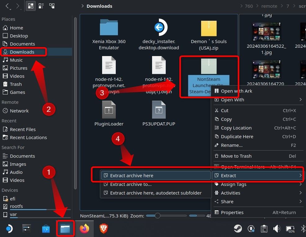 Extracting NonSteamLaunchers.zip file in Dolphin.