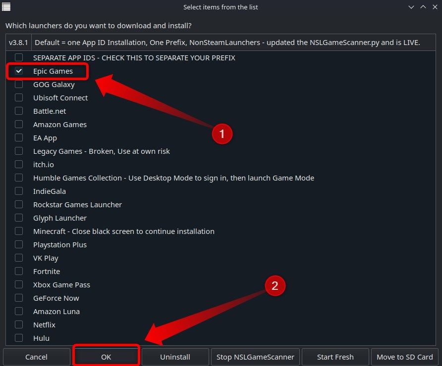 Installing the Epic Games Launcher via the NonSteamLaunchers app.