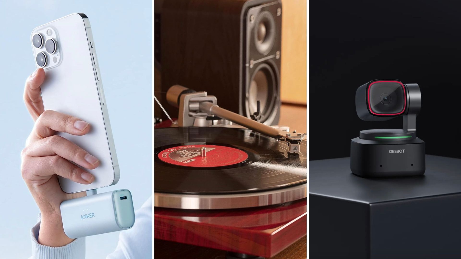 HTG Deals featuring Anker, vinyl player, and OBSBOT
