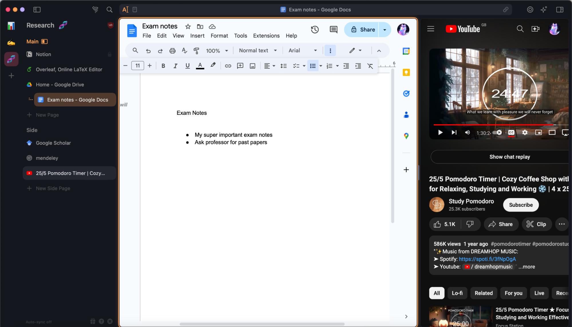 Screenshot showing SigmaOS. The left hand side contains a panel with three workspaces, differentiated by icons. The middle section is the main screen and shows a working google document, while an additional side panel on the right hand side has a YouTube video playing.