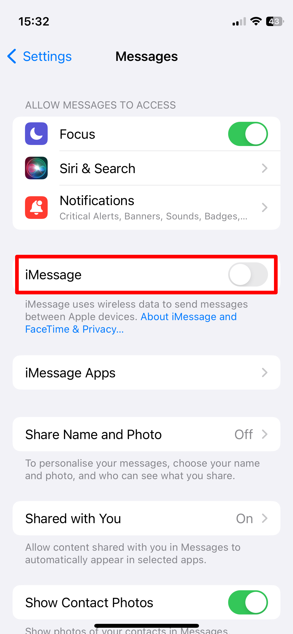 iMessage setting disabled on iPhone.