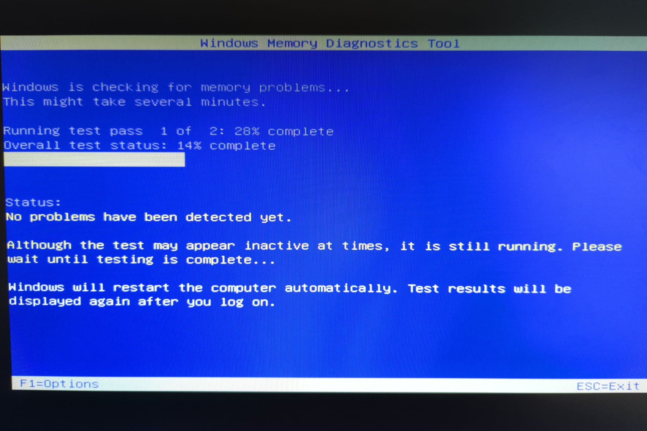 Windows Memory Diagnostics Tool running on a computer monitor.