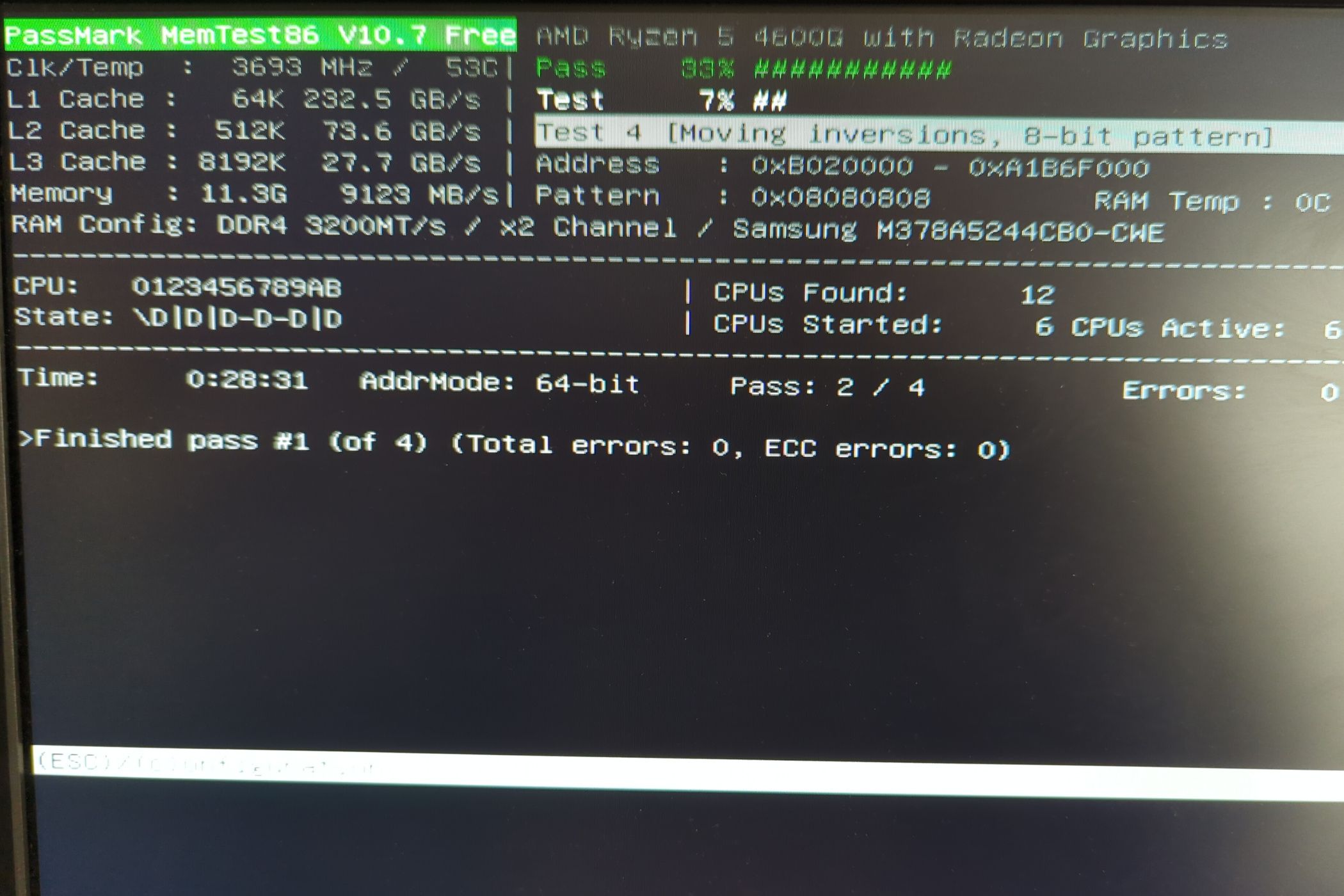 MemTest86 running a memory check on a computer monitor.