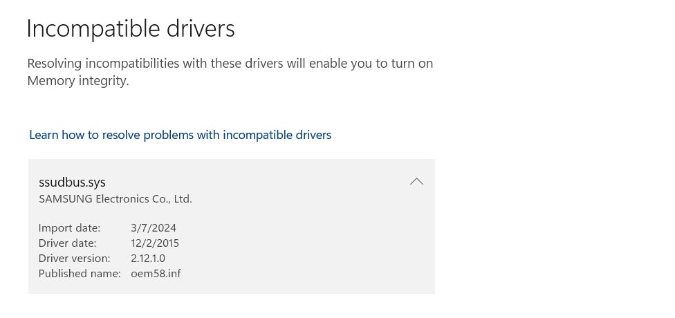 Incompatible drivers page in Windows Security.