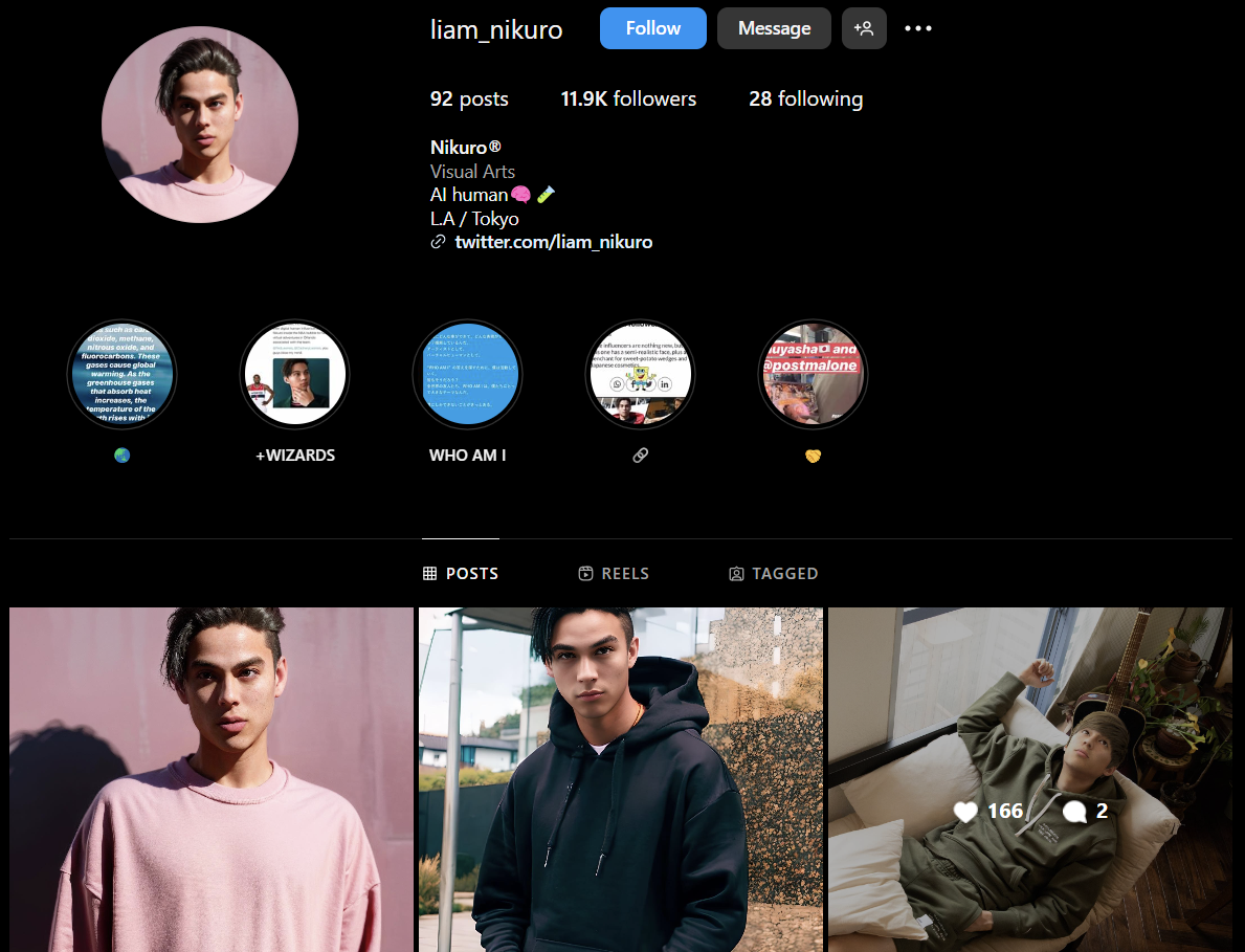 A snapshot of the Instagram profile of Liam Nikuro, an AI influencer who doesn't exist in real life