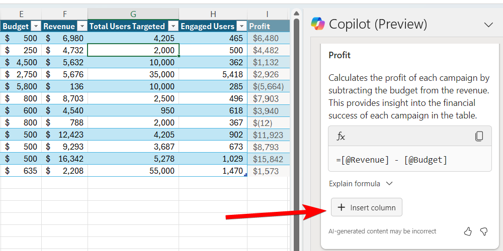 A formula generated by Copilot in Excel.