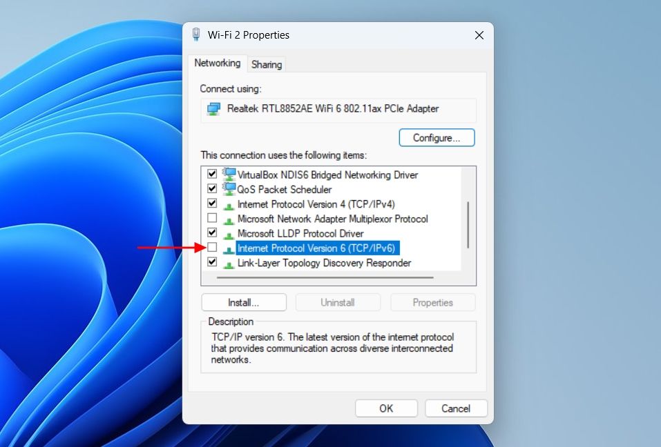 Internet Protocol Version 6 box in the Wi-Fi properties window.