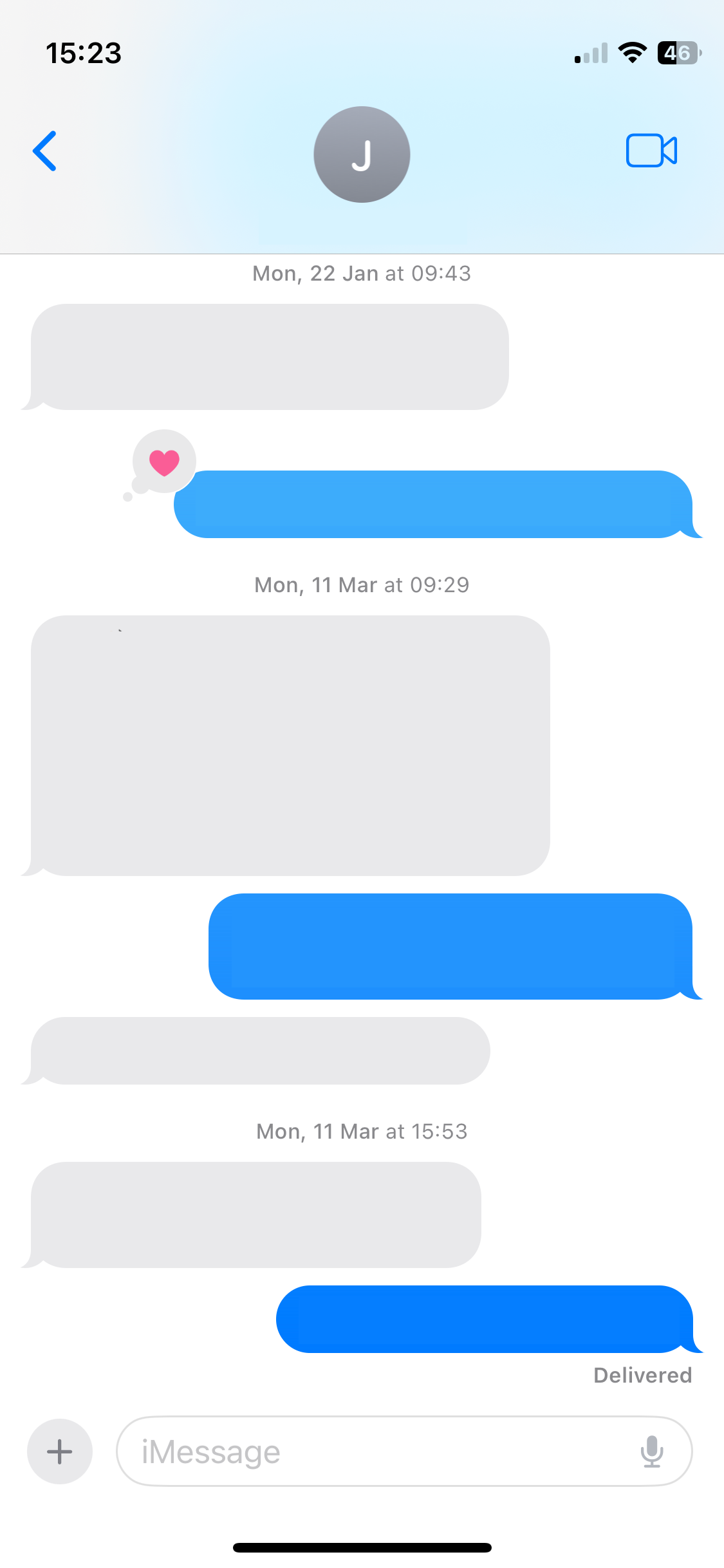 iPhone iMessage conversation showing blue bubbles.