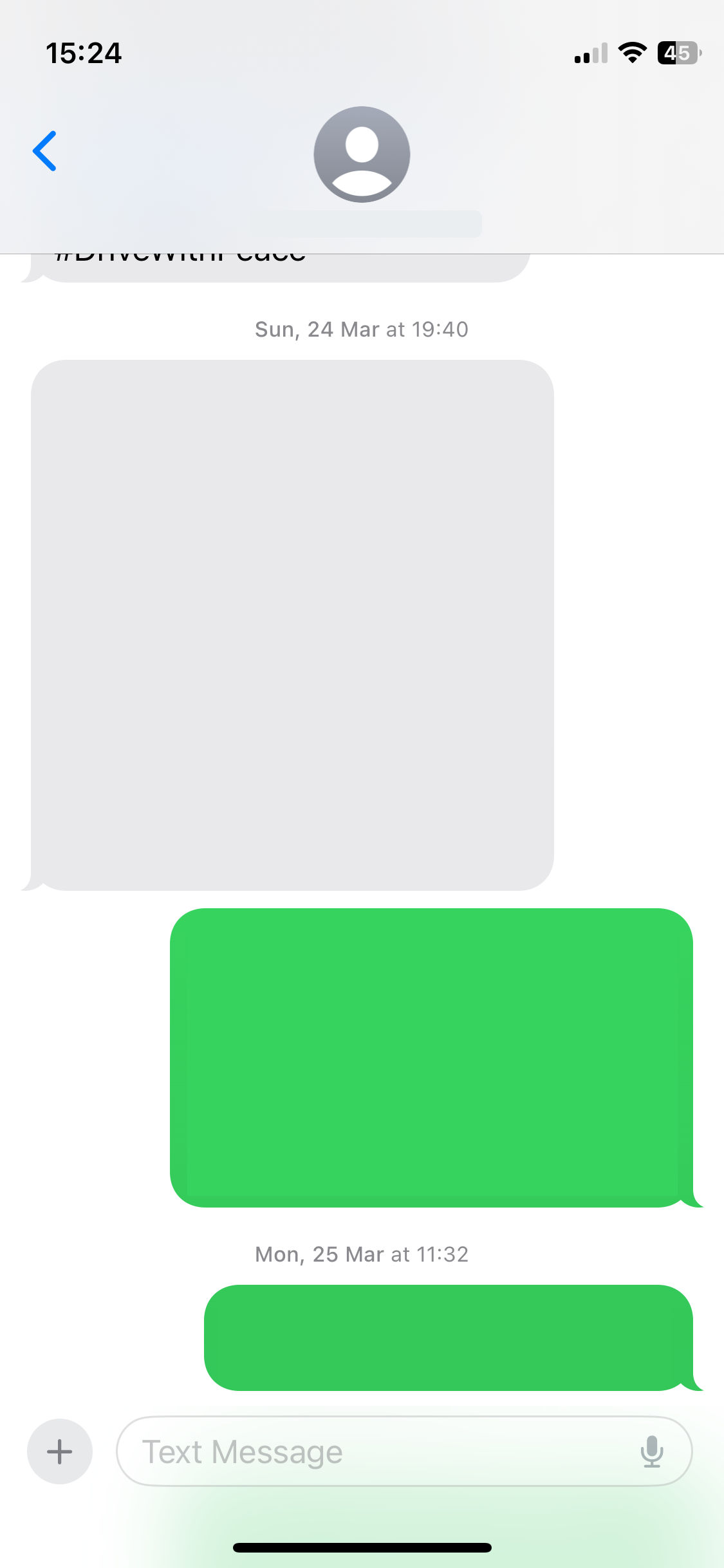 iPhone SMS messages showing in green bubbles.