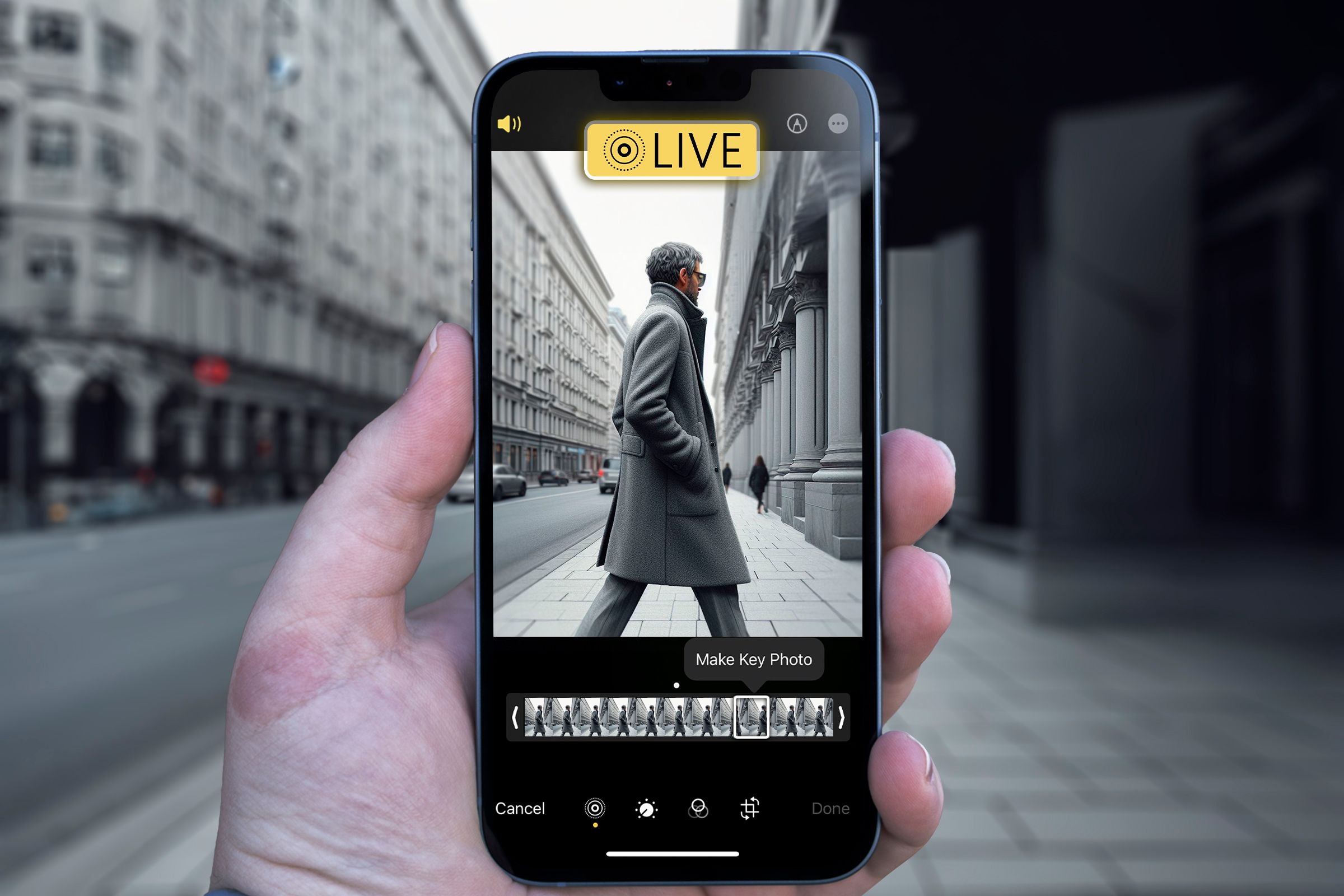 IPhone with the camera in 'Live Photo' mode capturing a man walking on the street.