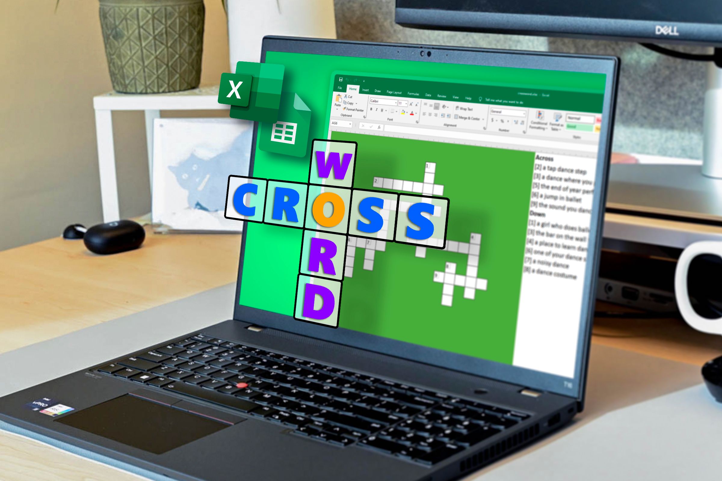 Laptop with Excel open and a crossword puzzle game.