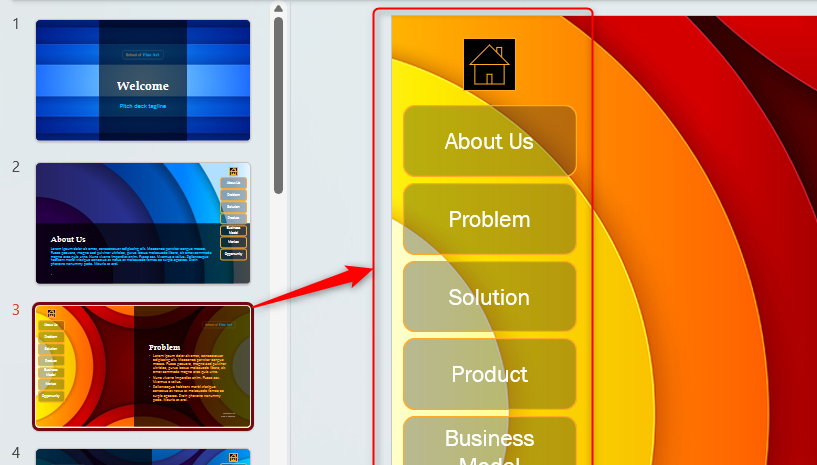 A PowerPoint slide with a linked menu bar on the left of the slide.