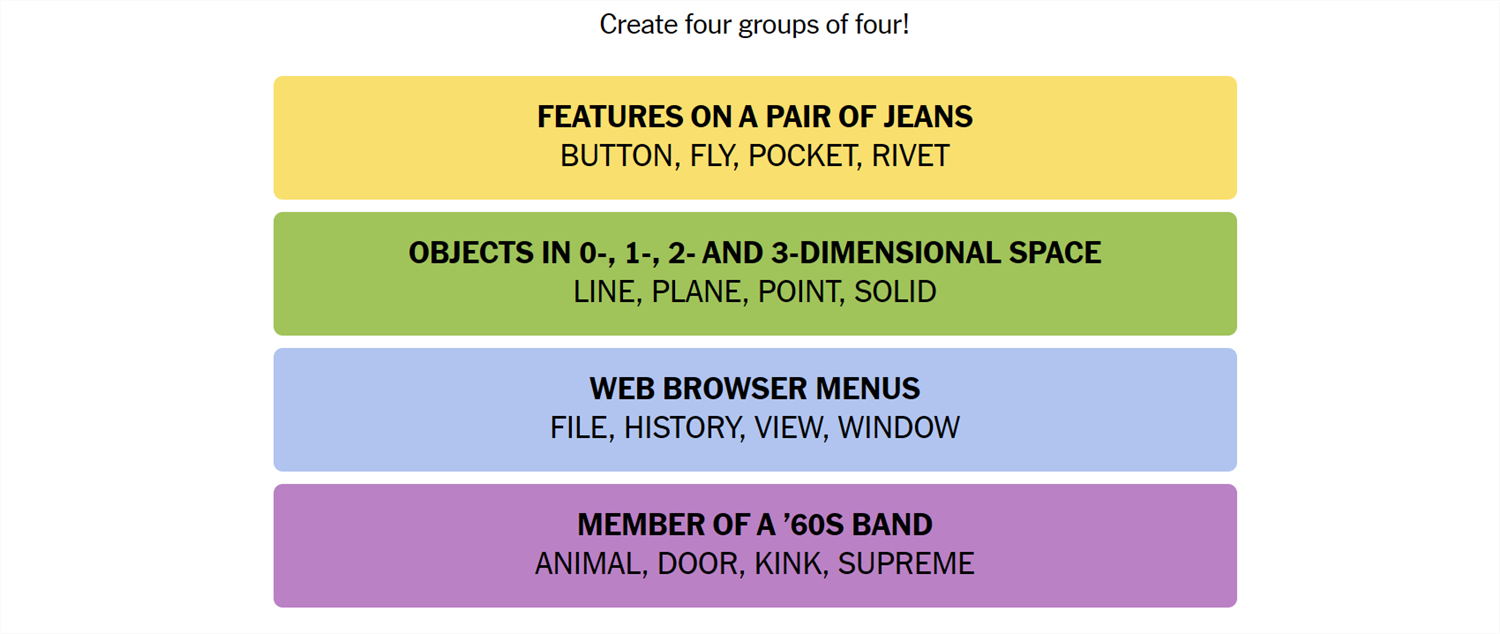 May 1st Connections game with all of the words sorted into categories. 