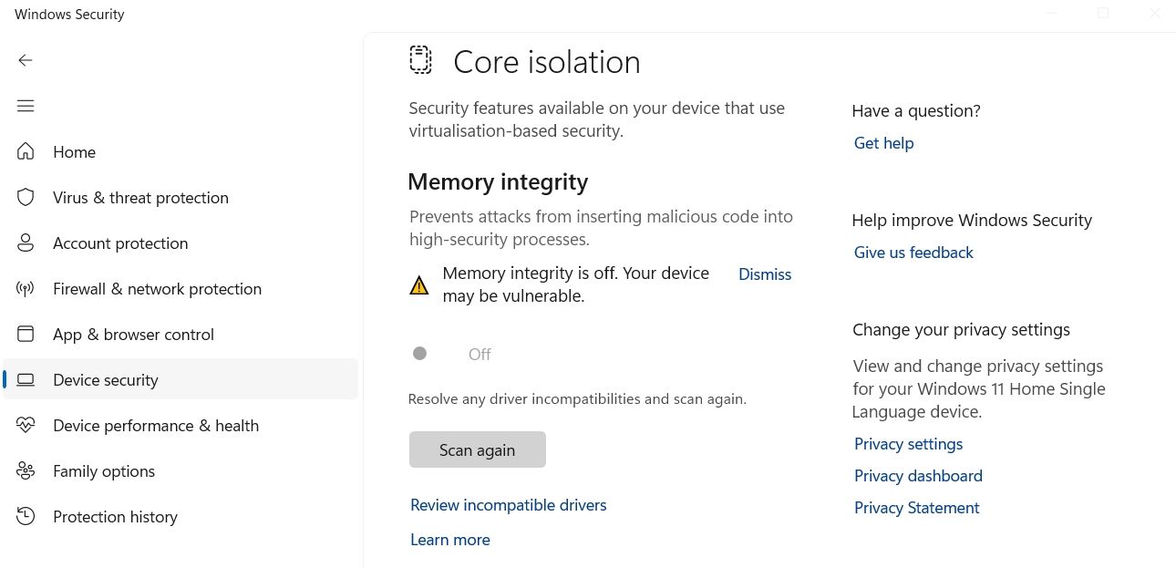 Memory intergrity is off message in Windows Security.