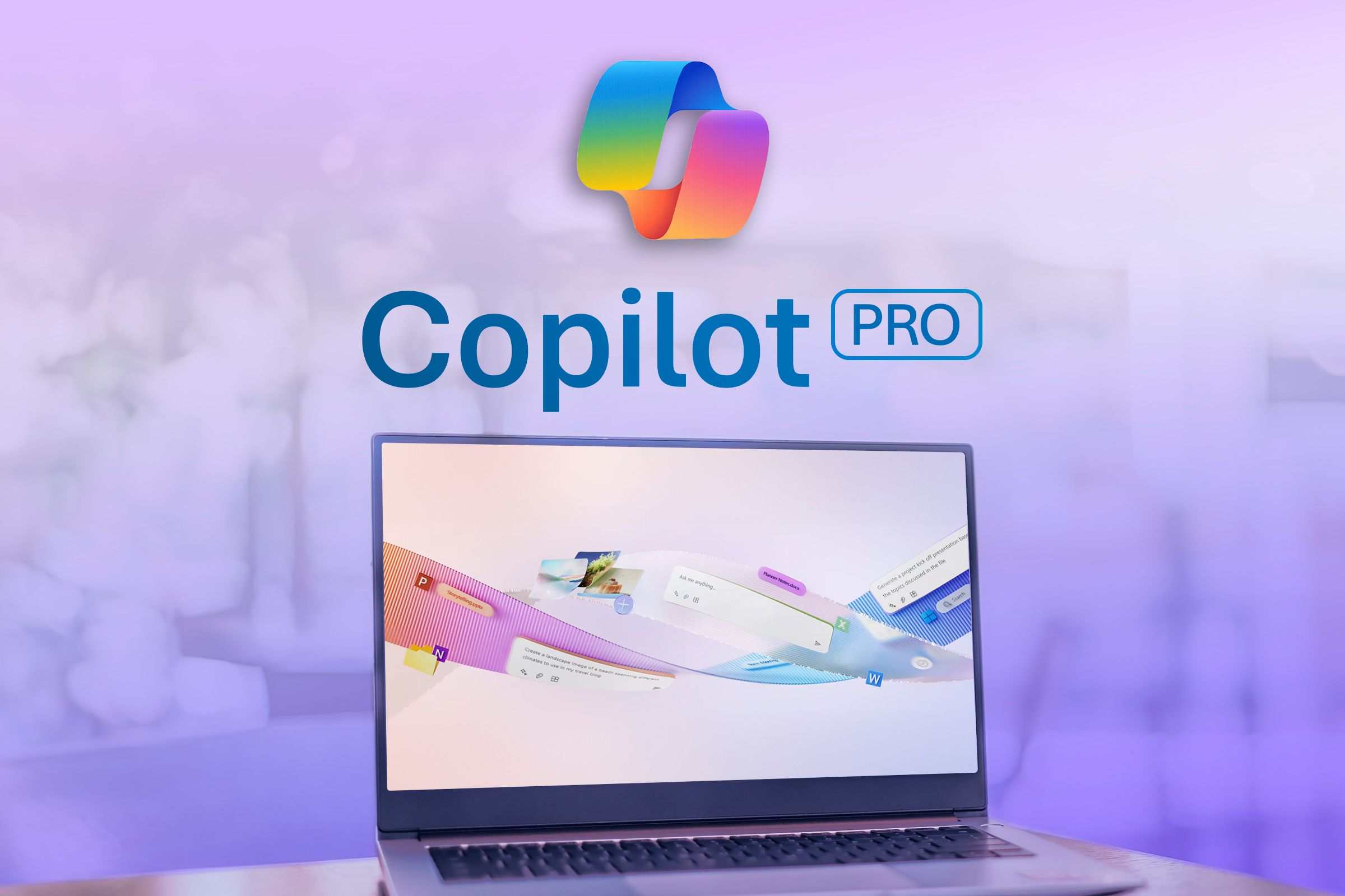 Microsoft Copilot logo at the top center with the word 'Copilot PRO' below and a notebook with the Microsoft Copilot featured image below this text