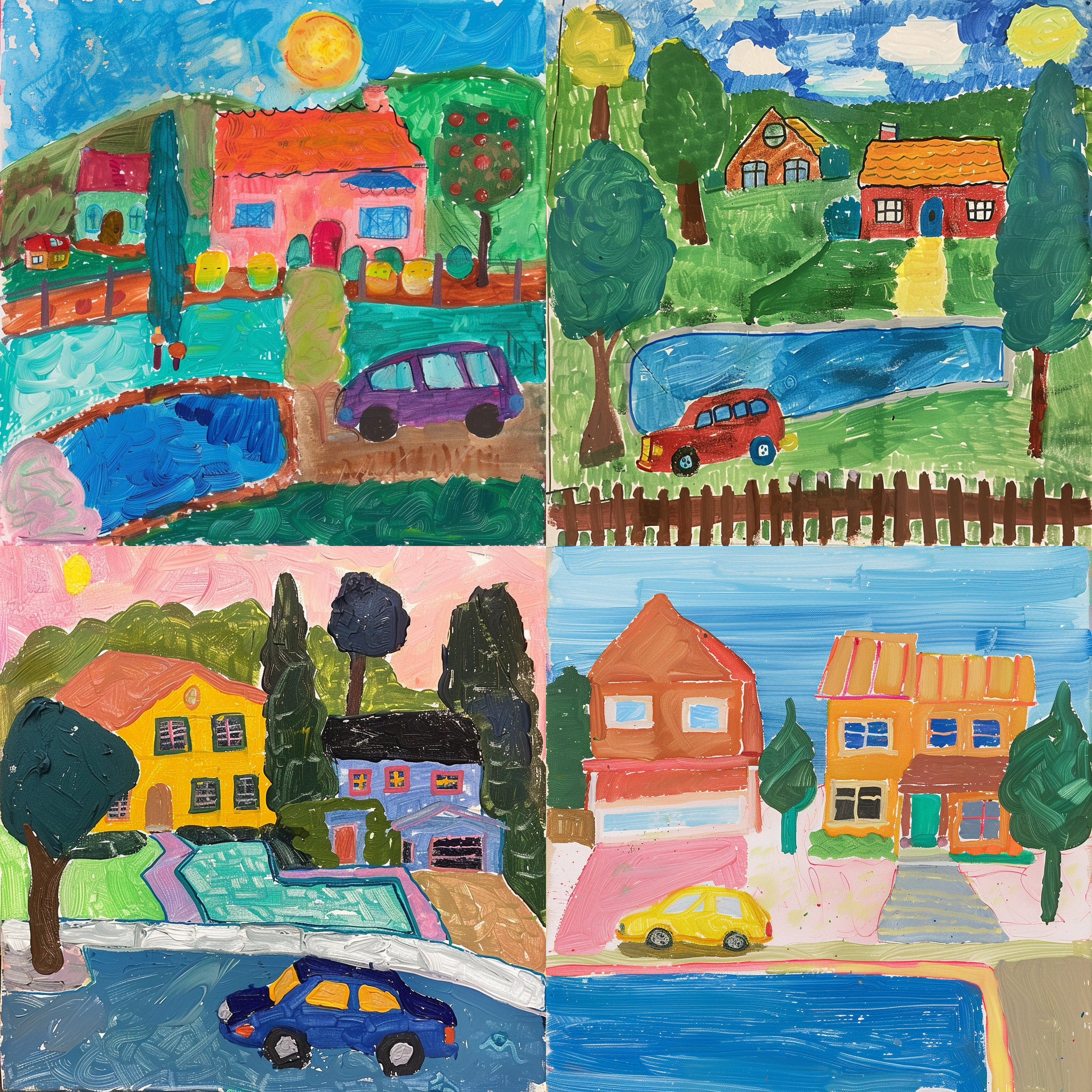 Midjourney image of a child's painting of a house with pool and car