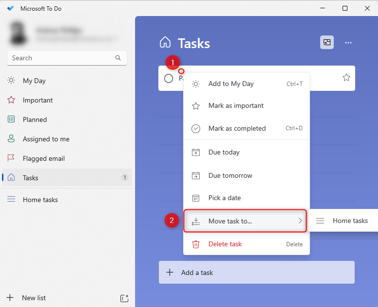 Microsoft To Do with a task selected via a right-click, 'Move Task To' selected, and the lists available displayed on the right.