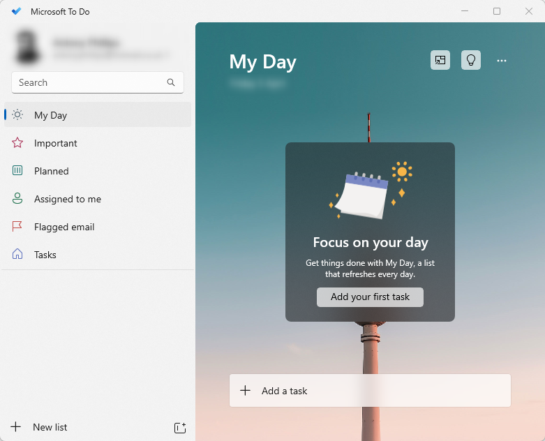 The Microsoft To Do landing page, called 'My Day.'