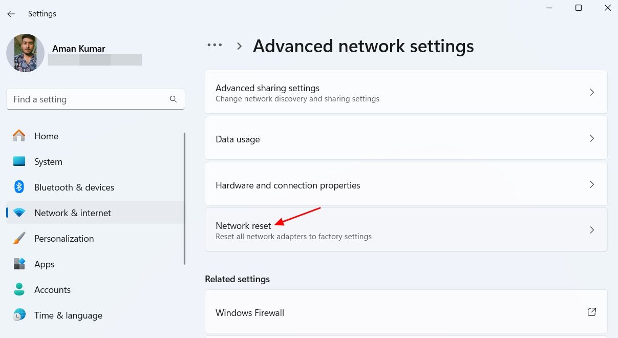 Network Reset option in the Windows Settings app.