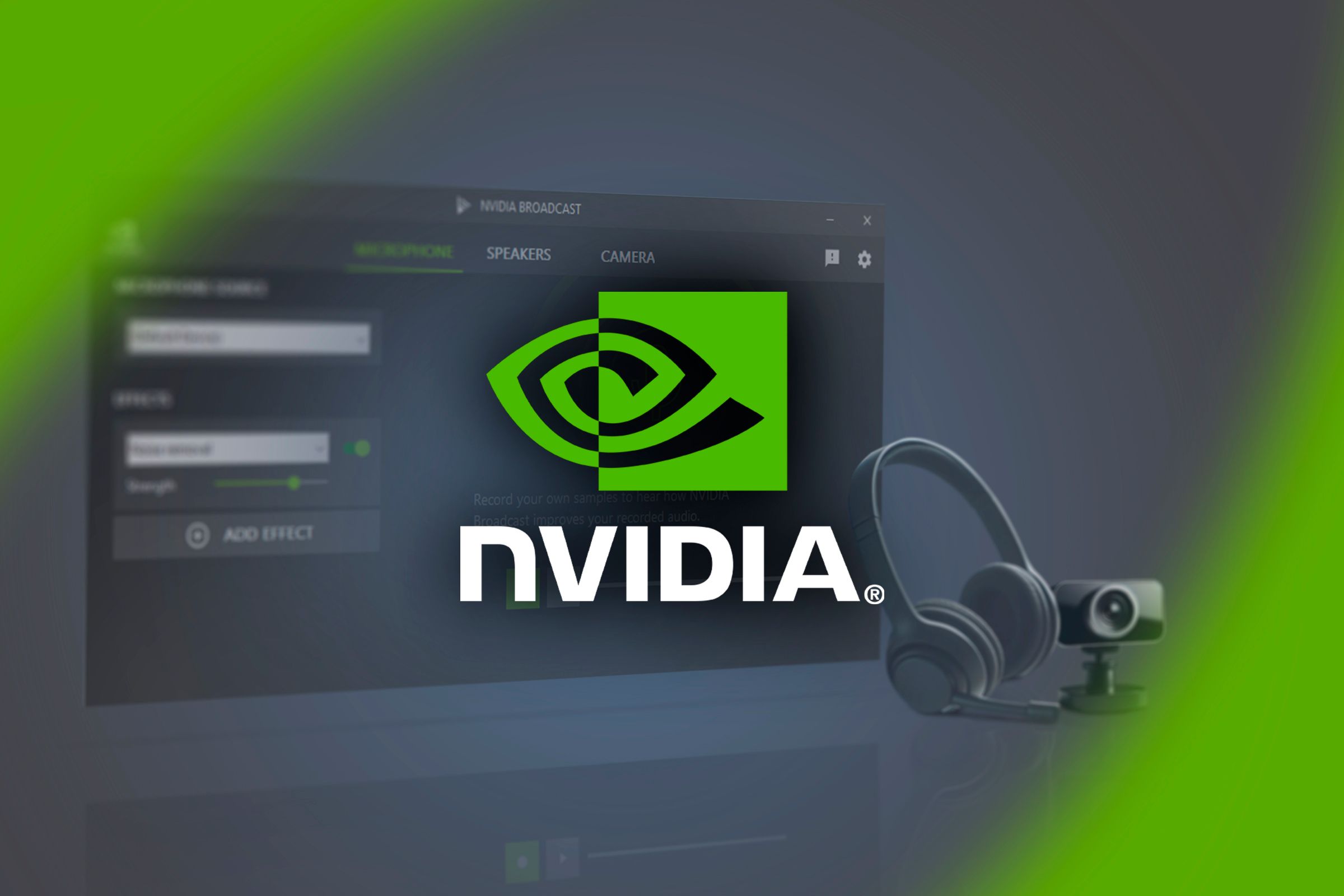The NVIDIA logo with the NVIDIA Broadcast window open in the background. 