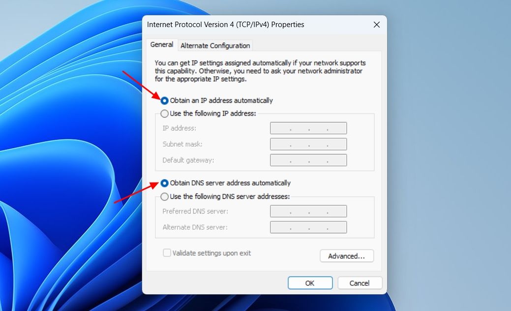 Obtain an IP address automatically option in the IPv4 Properties window.