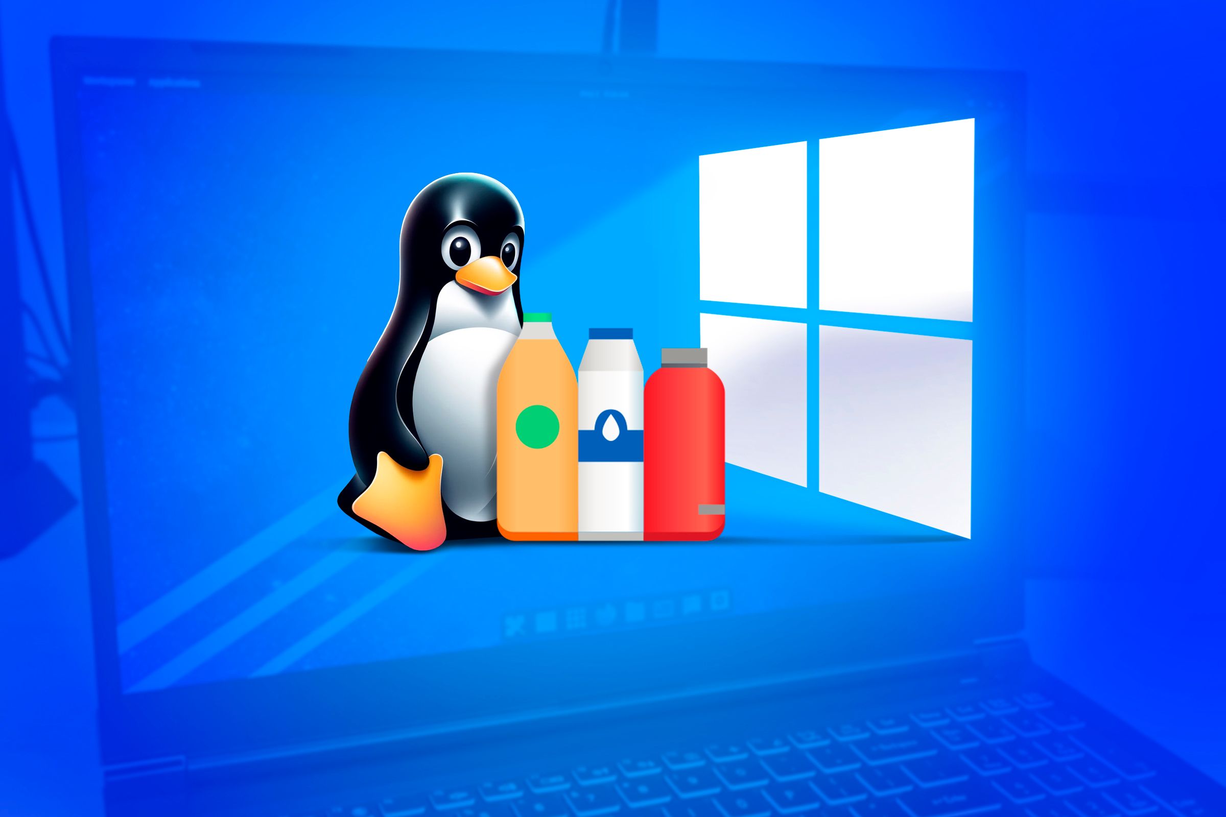 On the left, the Linux mascot and the bottle app logo, on the right, the Windows logo
