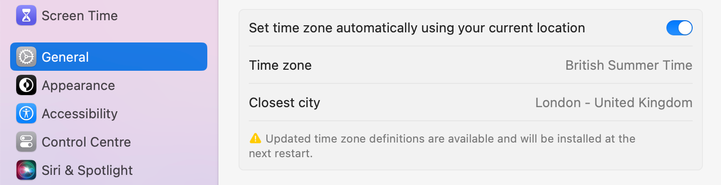 Option to set time zone automatically on macOS.