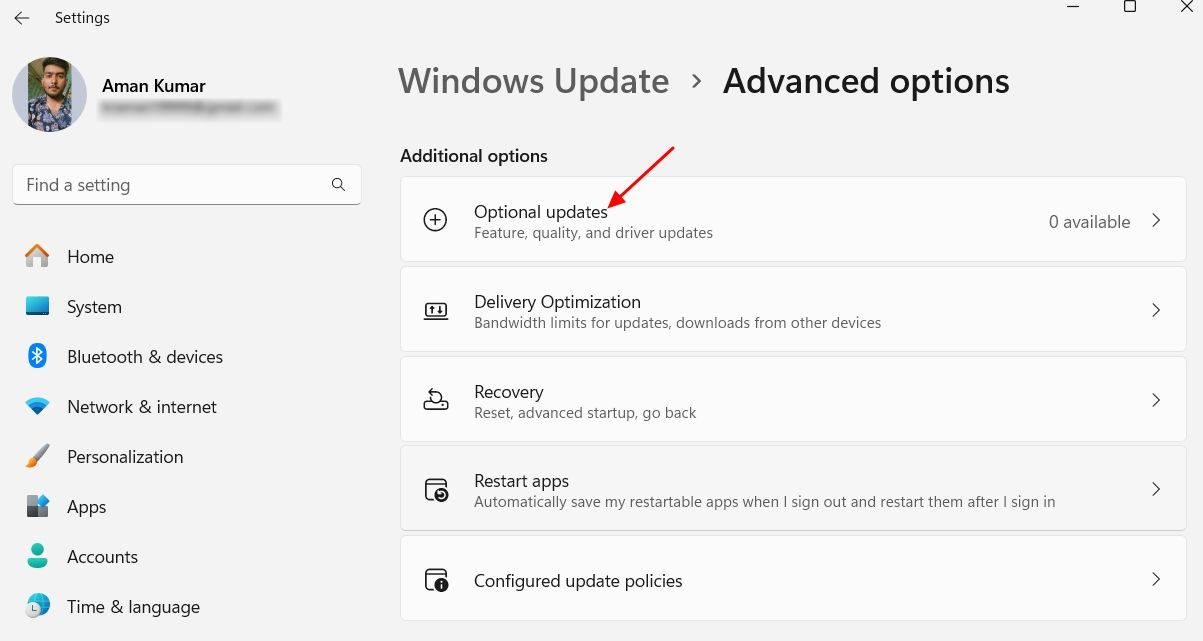 Optional Updates option in the Windows Settings app.