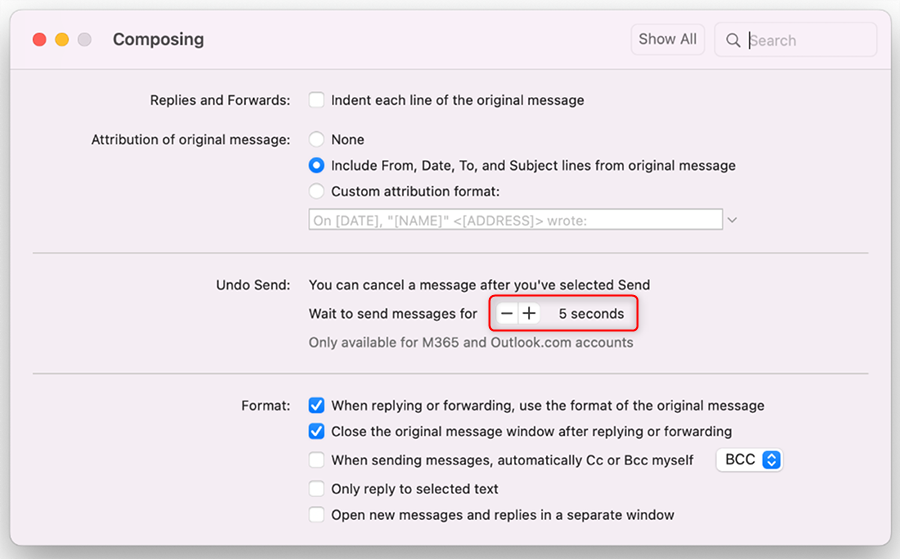 The Composing menu on a Mac's Outlook app, with the Undo Send delay time highlighted.
