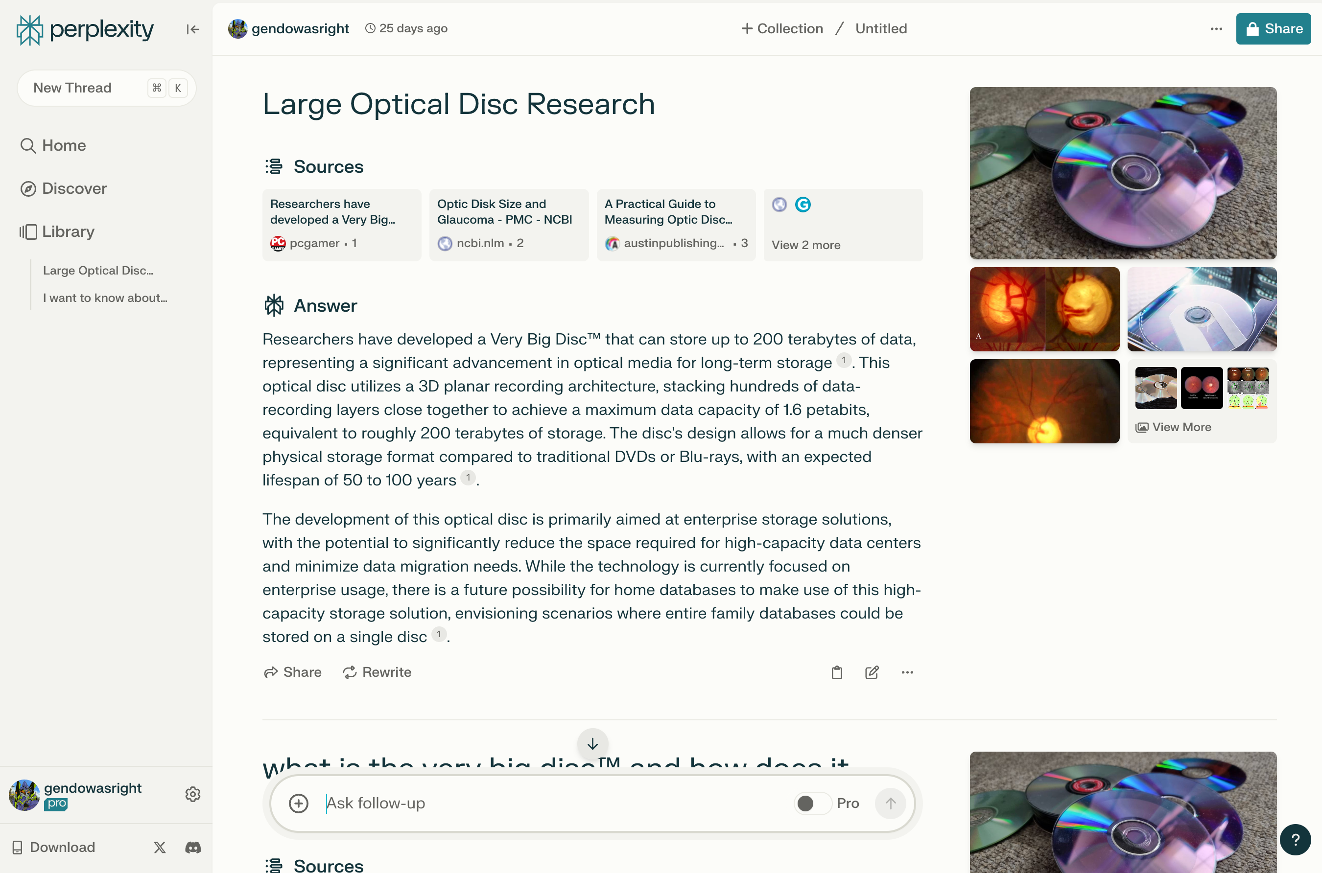 Perplexity's free web search interface showing a research summary on large optical disc technology.
