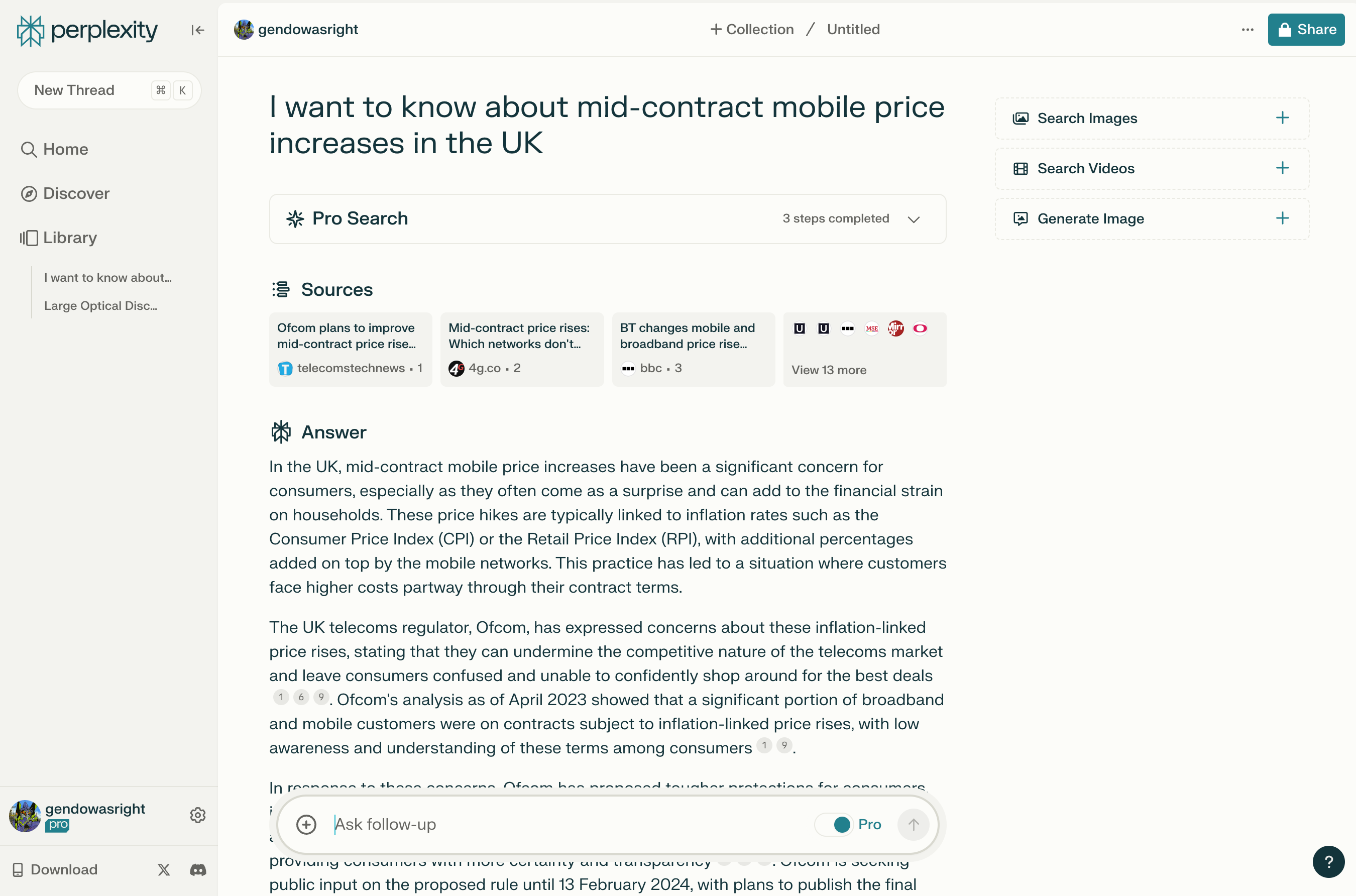 Perplexity Pro web interface showing a research summary about UK mobile internet contract price increases