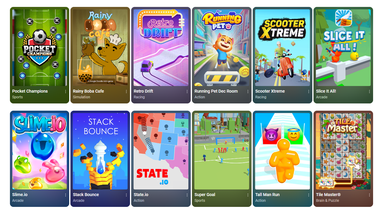 The "Browse" screen of the YouTube "Playables" section showing a variety of games.