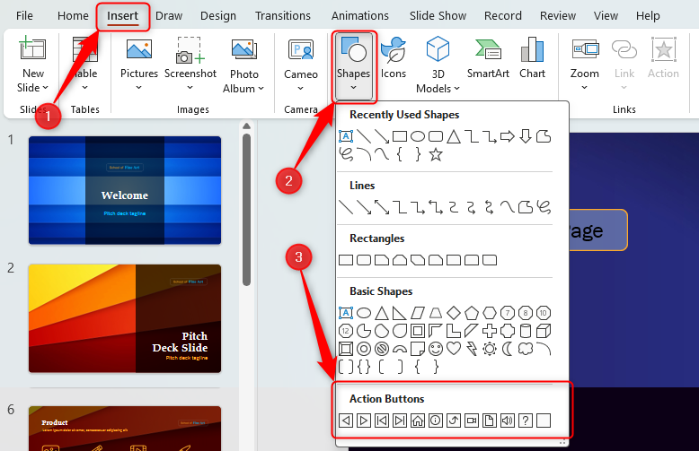 PowerPoint's Insert tab open with 'Shapes' selected and the action buttons highlighted.