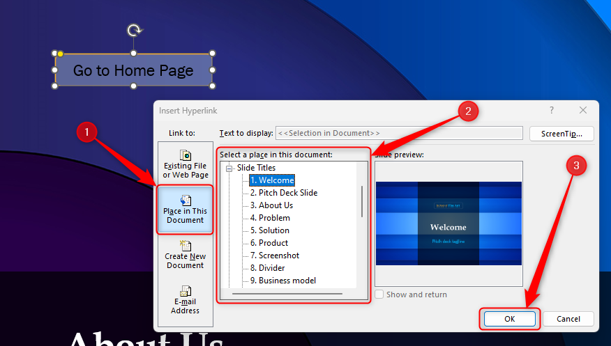 A PowerPoint slide with the Insert Hyperlink dialog box open, 'Place In This Document' selected, an arrow pointing to the different options, and 'OK' highlighted.